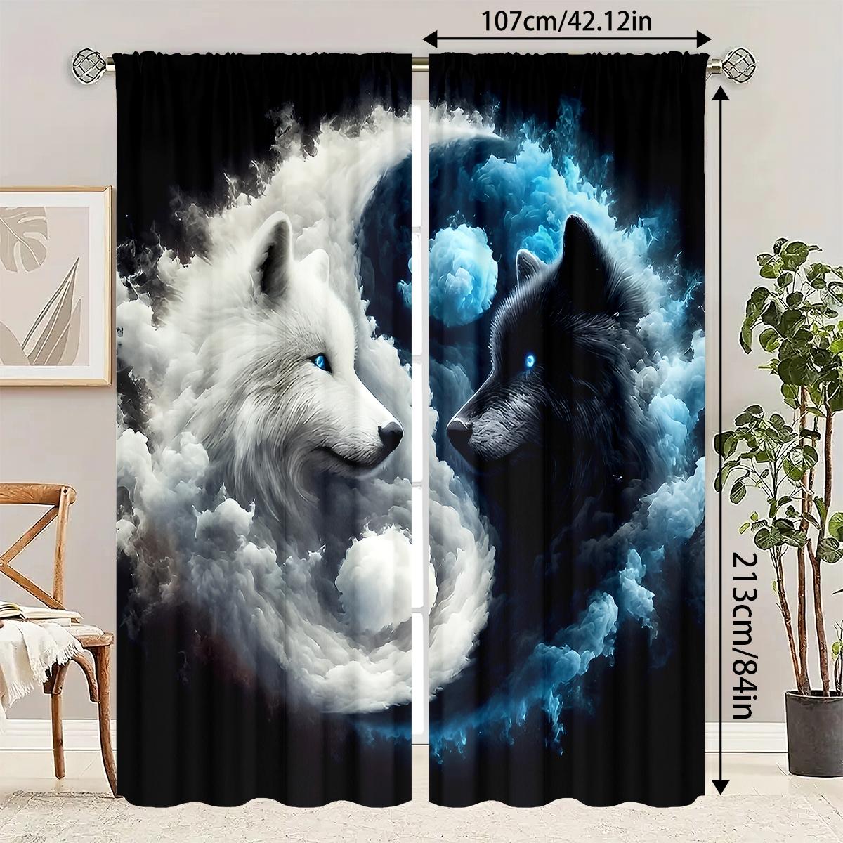 2-Piece & Wolf Cloud Moon Scene Digital Print Curtains, Semi-Transparent Polyester Fabric, Rod Pocket Design, Bedroom Living Room Decor