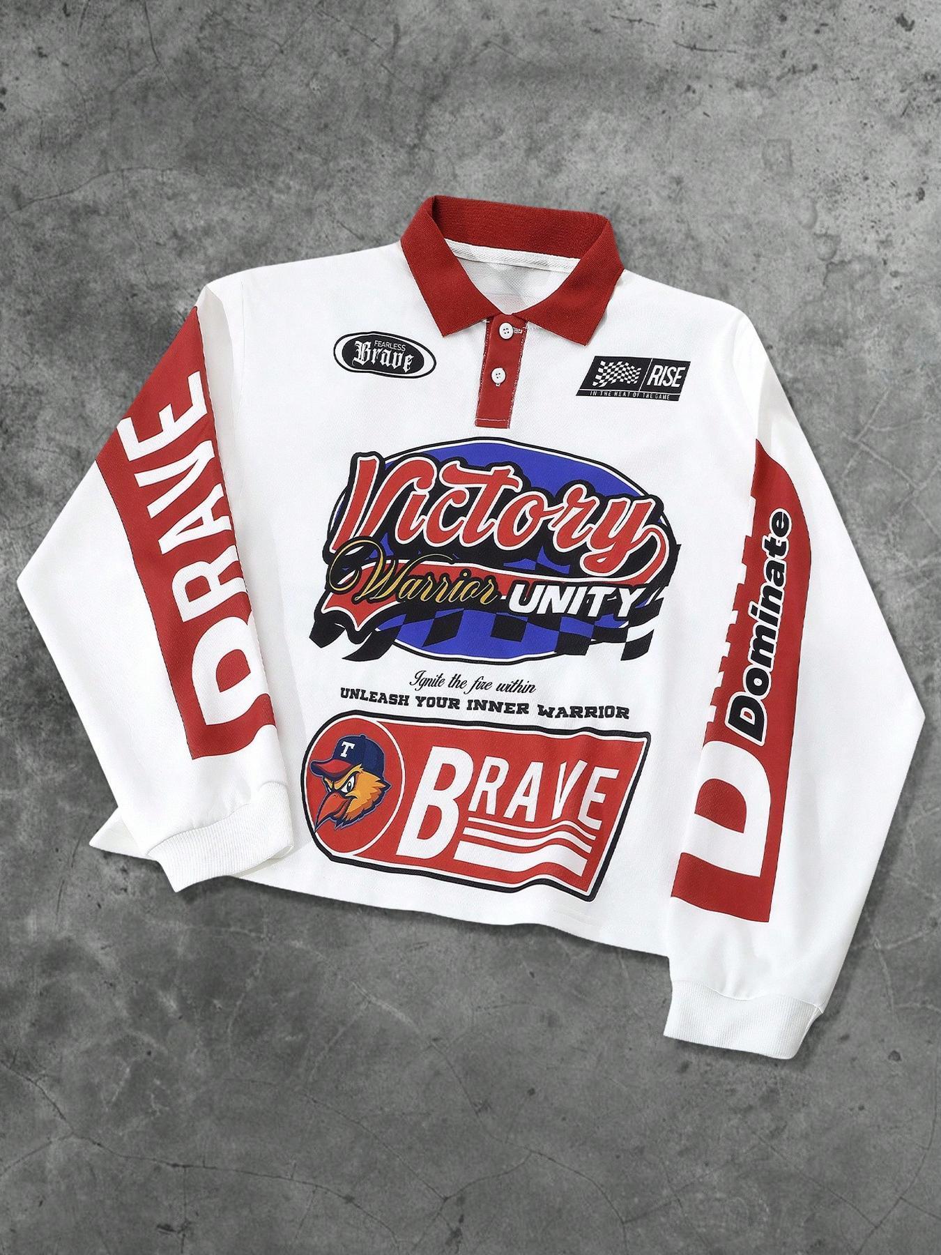 Unisex Racing Style Victory Pattern Long Sleeve Polo Shirt