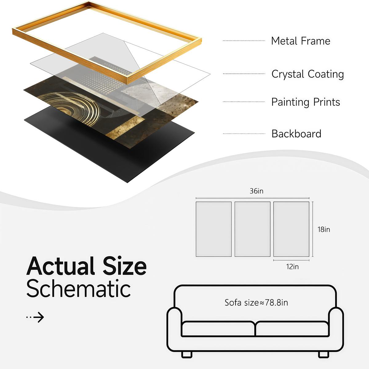 3 Counts Aluminum Alloy Framed Painting, Abstract Geometric Gold And Black Art Pictures, Home Decoration For Living Room, Bedroom, Office, Restaurant, Hallway Wall Decor, Odorless Print Artwork, Luxury Perfect Gift For Friends And Family