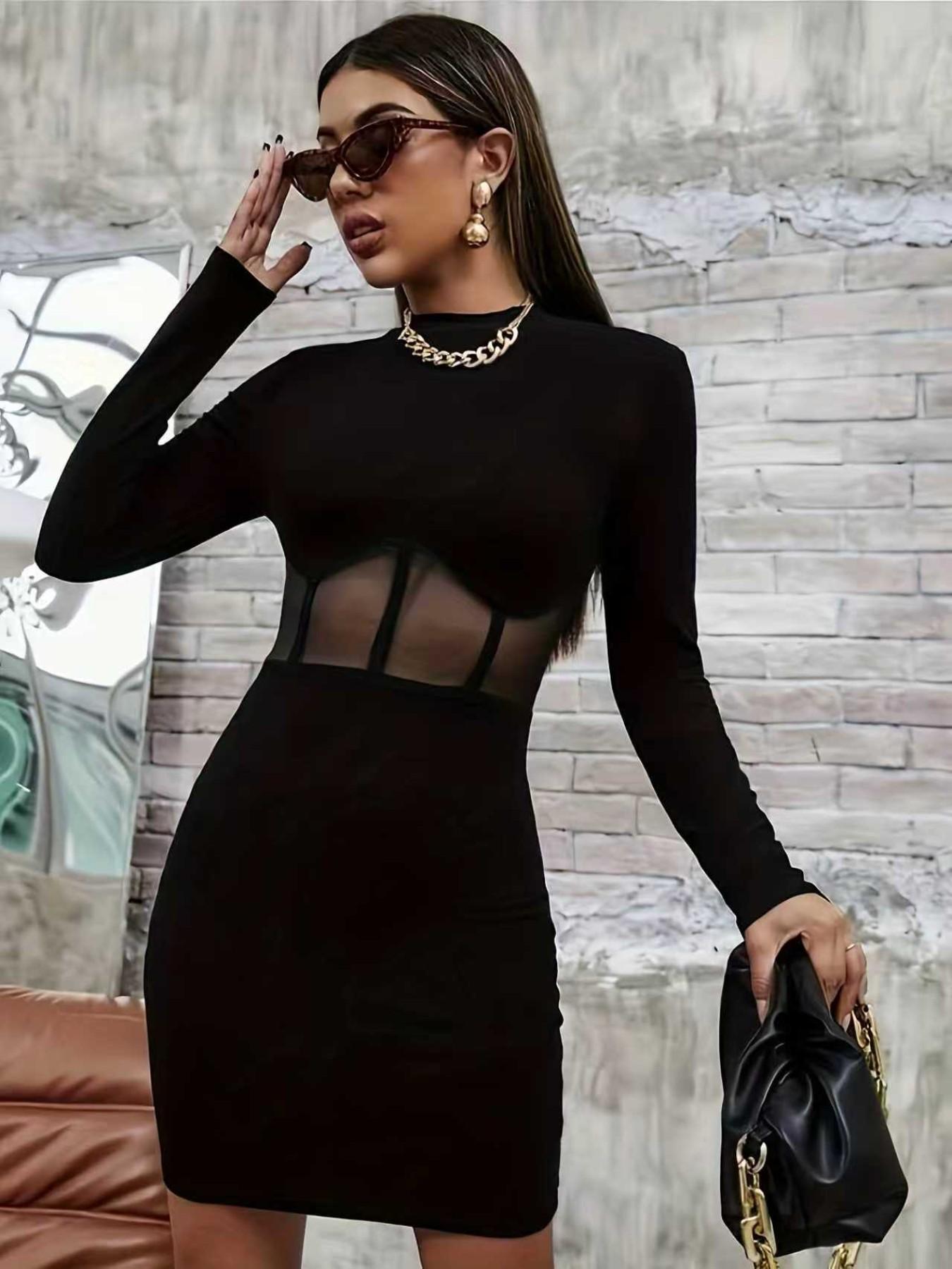 Mesh Patchwork Tight-Fitting Dress, Stylish Women's Clothing, Perfect for Casual Wear, Comfortable and Trendy Design