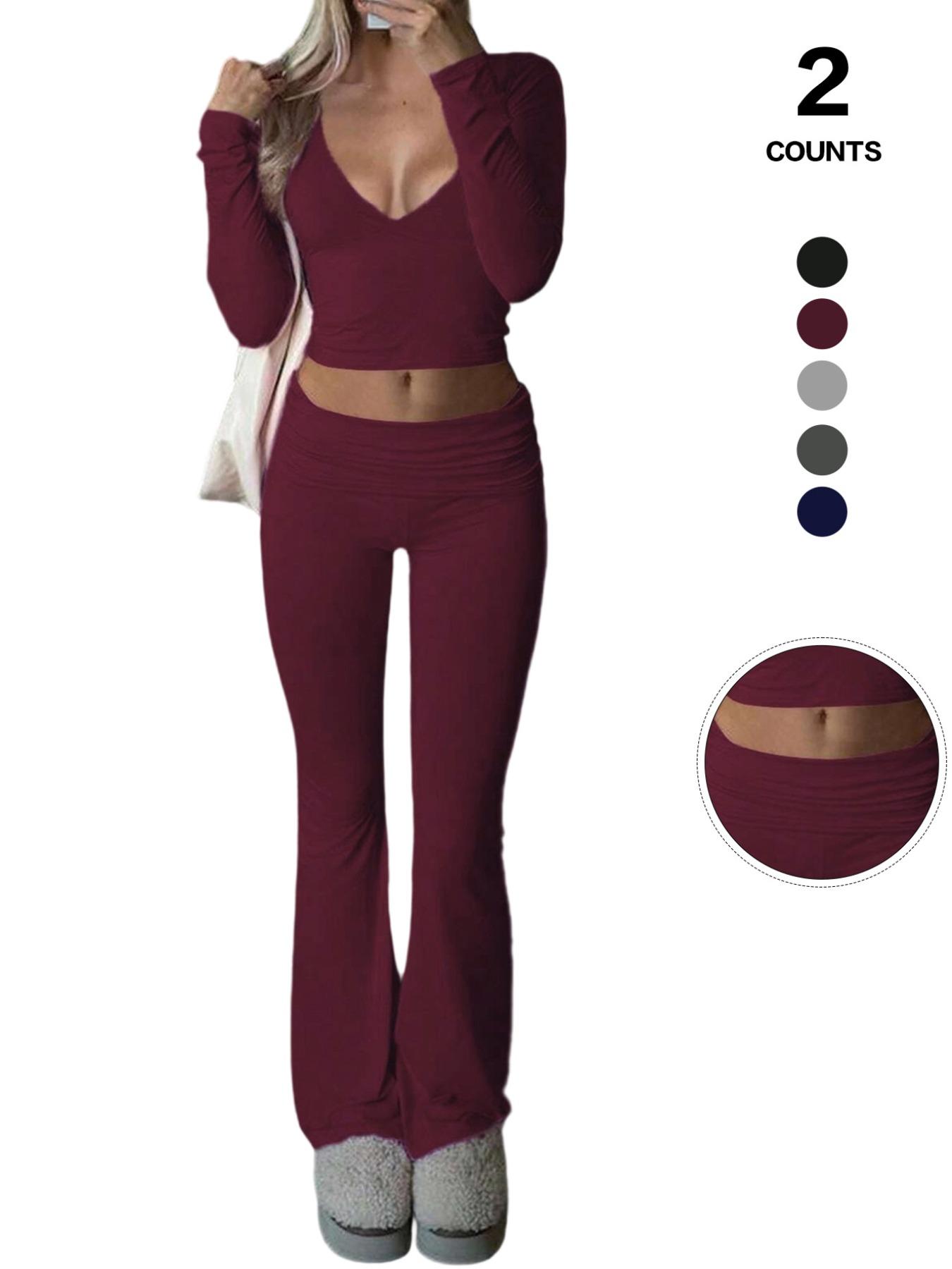 Women's 2 Piece Matching Set Long Sleeve Deep V Neck Crop Top and Foldover Flare Leggings Yoga Outfit,Women's 2 Piece Matching Set Long Sleeve Deep V Neck Crop Top and Foldover Flare Leggings Yoga Outfit Yoga Bottoms,Airport Outfit, Flare Leg Sports