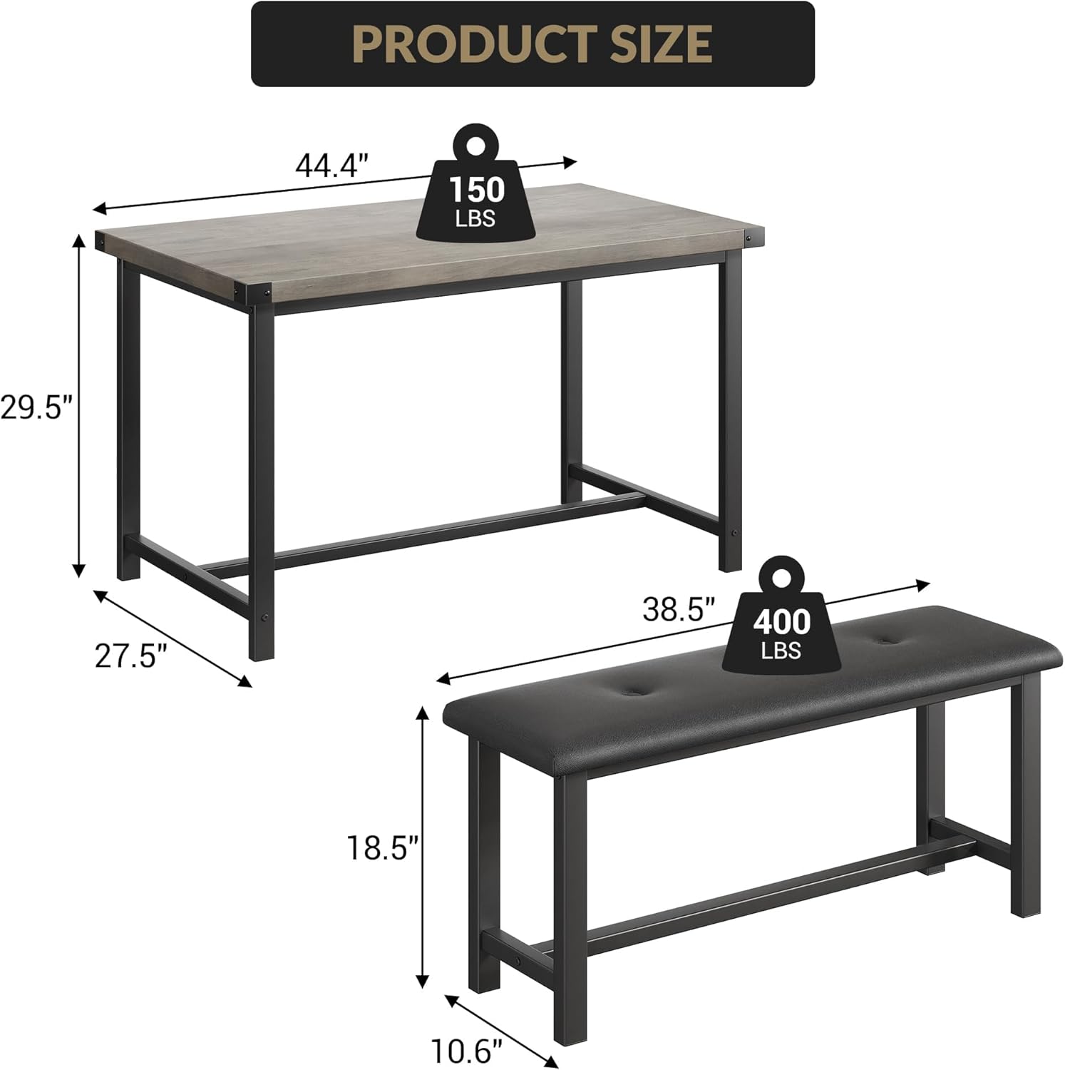3-Piece Dining Table Set for 4 People, 44" Space Saving Kitchen Table with 2 Benches, Industrial Rectangular Dining Room Table Chairs Set