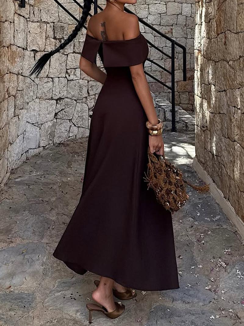 Elegant Off-Shoulder Dress with Waist Design, Simple and Classic Party Wear, Women's Stylish Evening Dress for Special Occasions
