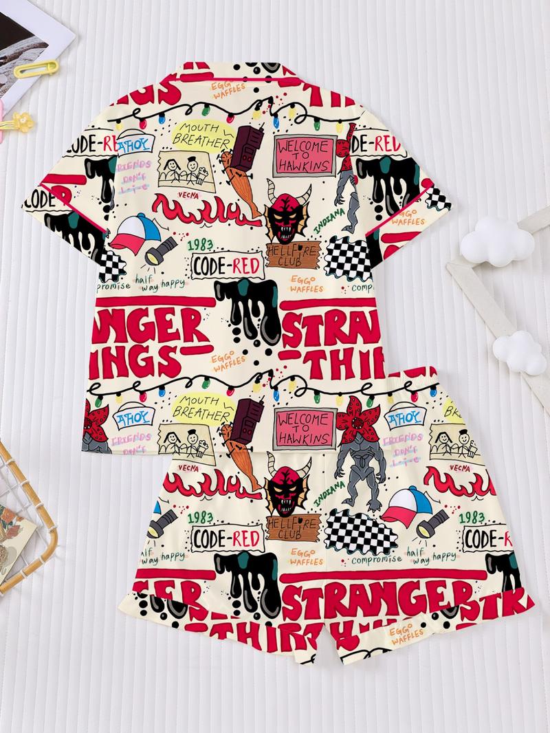 Stranger Things Kids Pajama Set, Cartoon Print Short Sleeves & Loose Fit Shorts, Casual Home Wear for Boys Girls Stranger Things Kids Pajama Set, Cartoon Print Short Sleeves & Loose Fit Shorts, Casual Home Wear for Boys Girls