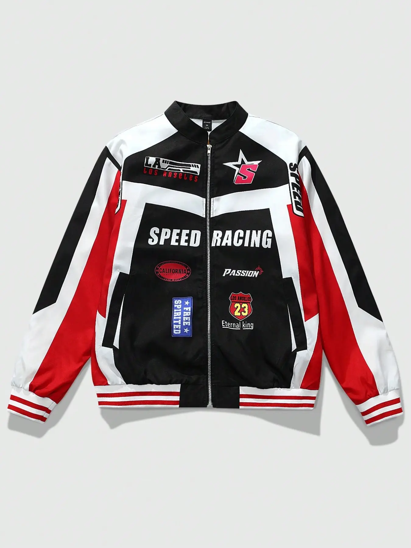 Y2K Retro Motorsport Aesthetic Racing Jacket for Men, Color Block Zip Up Bomber Coat, LA Speed Racing Multi Badge Graphic Print, Stand Collar Rib Trim Side Pocket Lightweight Street Outerwear for Daily Street & Weekend Casual Outfit