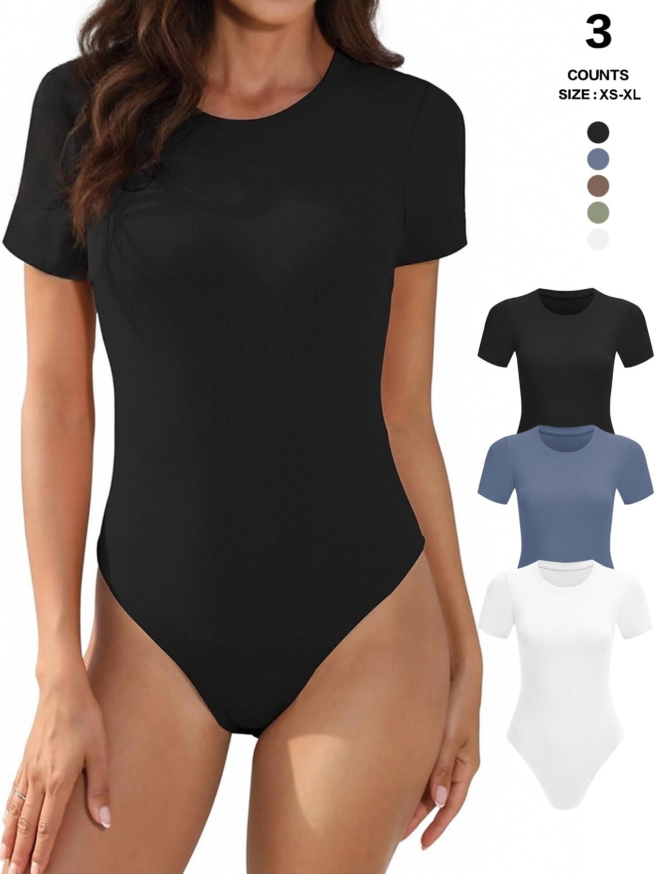 Body Suits for Womens Short Sleeve Round Neck Casual Stretchy Basic T Shirt Bodysuit Tops Underwear