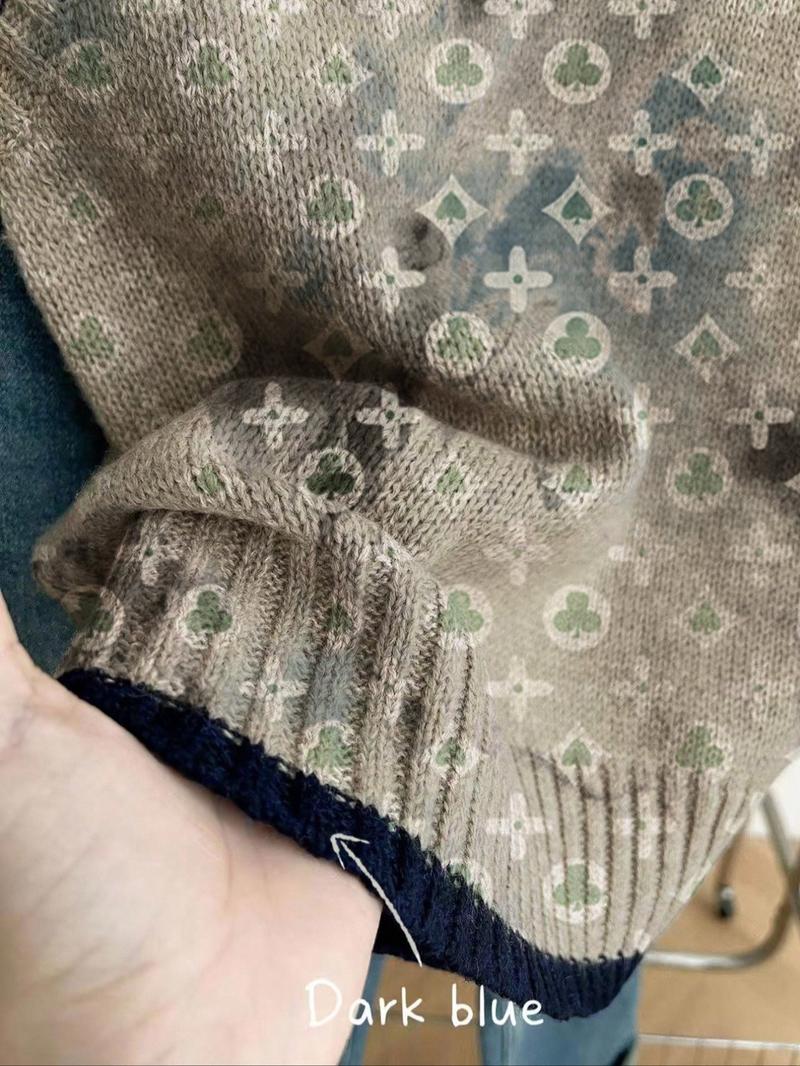 Women's Casual Loose-Fitting Round Neck Sleeveless Knit Top, Colorblock Deep Blue Edge Clover Print, Fall Winter