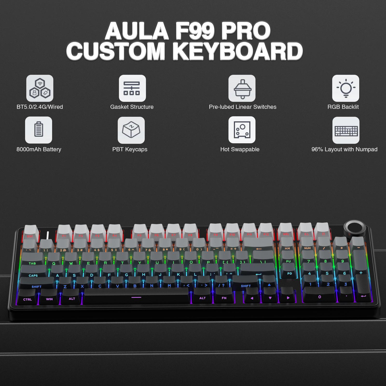 AULA F99 Pro Hot Swappable Wireless Mechanical Keyboard with Knob,Tri-Mode Connection BT5.0/USB-C/2.4GHz,Pre-lubed Switches,Gasket Structure,RGB Backlit Computer Gaming Keyboard (Side Printed Black) Creamy keyboard PC Accessoies  TikTokShopfalldealsforyou