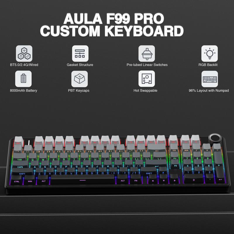 AULA F99 Pro Hot Swappable Wireless Mechanical Keyboard with Knob,Tri-Mode Connection BT5.0/USB-C/2.4GHz,Pre-lubed Switches,Gasket Structure,RGB Backlit Computer Gaming Keyboard (Side Printed Black) Creamy keyboard PC Accessoies  TikTokShopfalldealsforyou