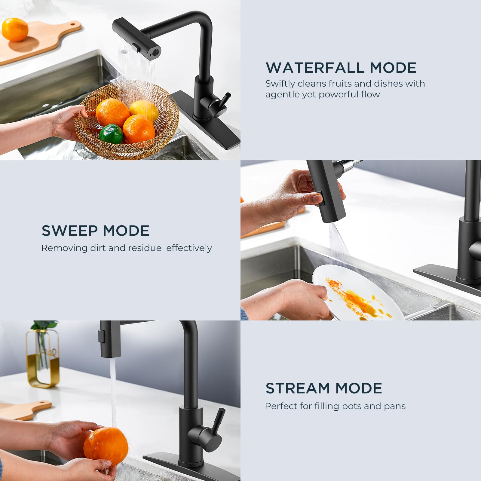 FORIOUS Waterfall Kitchen Faucet with Pull Down Sprayer 1 or 3 Hole Single Handle Stainless Steel Black Commercial Modern Kitchen Faucets with 3 Modes Home Install pot filler kitchen