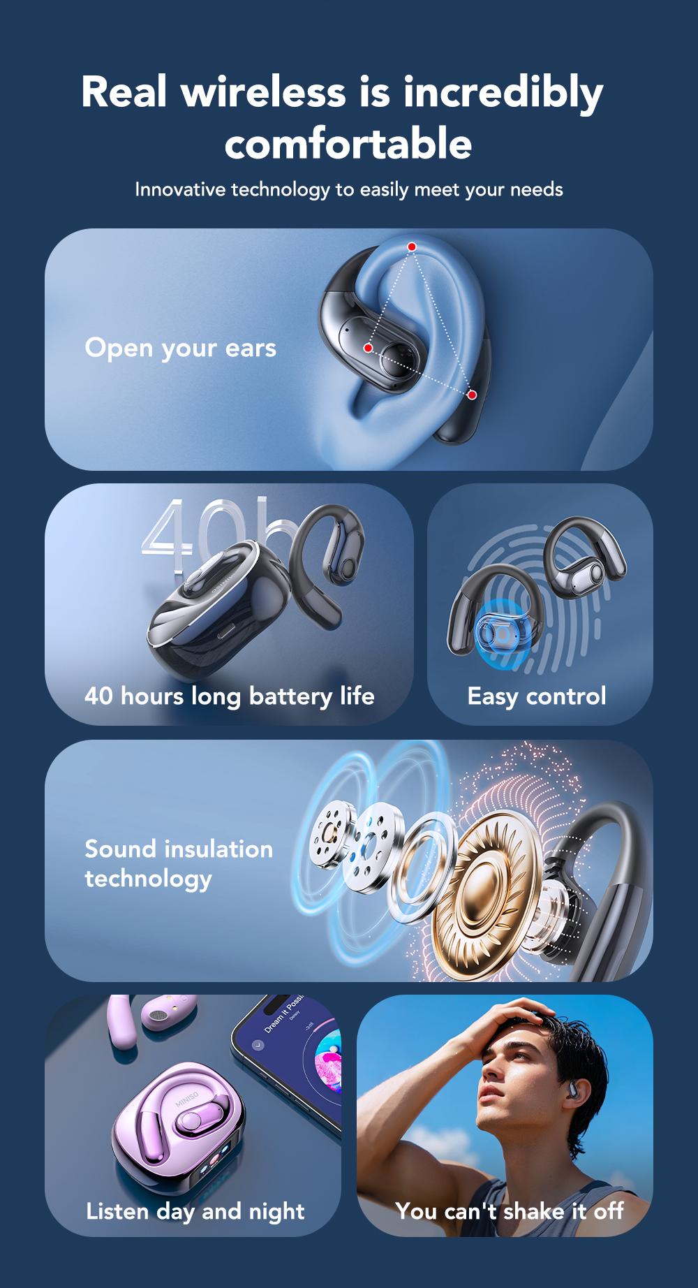 MINISO ms193 True Wireless Earphones,LCD Full Color Display Charging Case,OWS Open Ear Headphones Waterproof Bluetooth Earbuds,Support Playing Music Gaming