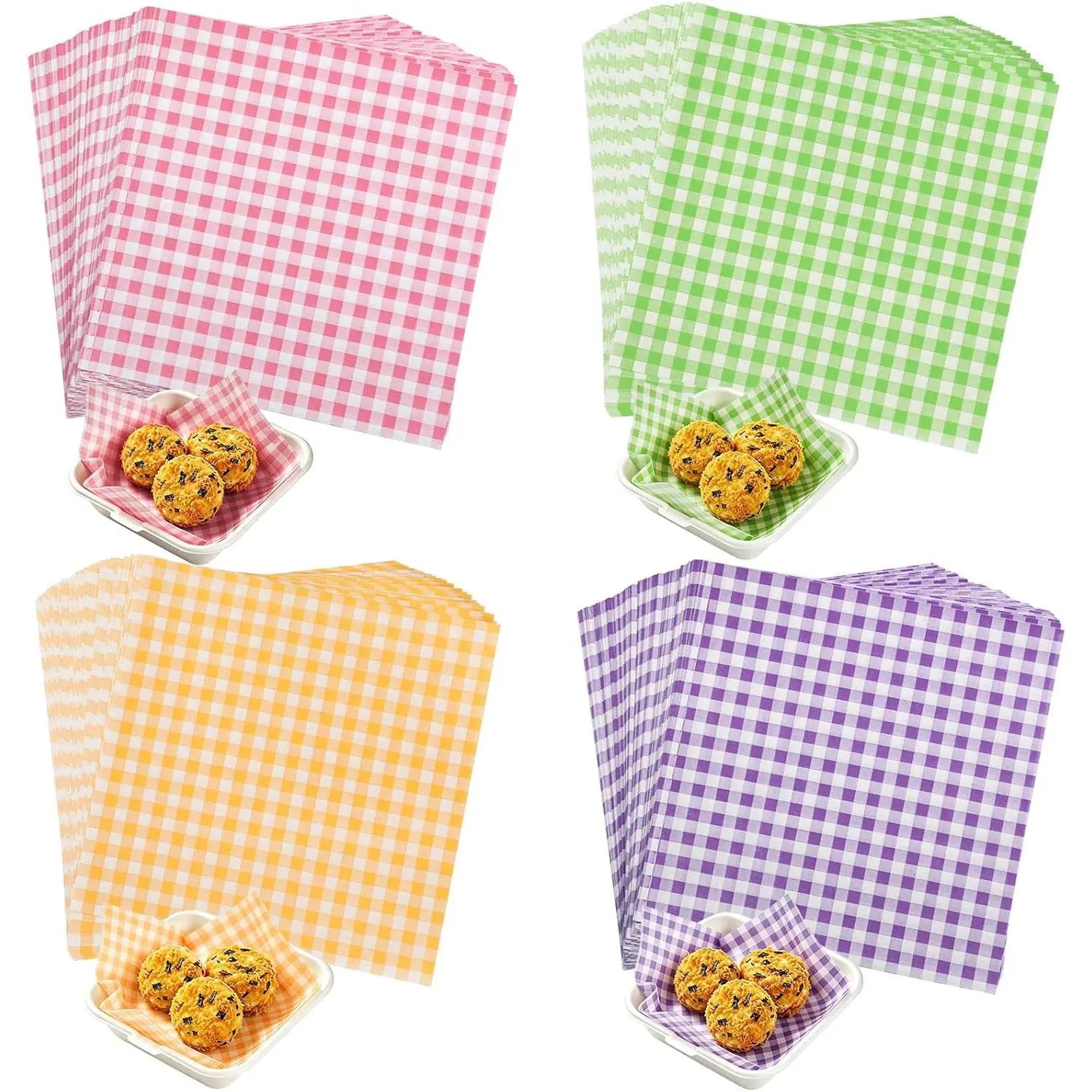 200 count Greaseproof Paper Sheets, 7×7 Inch Small Deli Paper, Gingham  Squares,  Basket Liners, Oil‑Resistant Wrapping Papers for Burgers Sandwiches Party Supplies, 4 Colors Combo