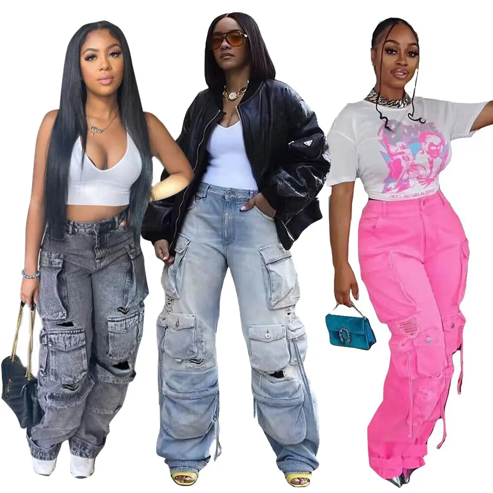 Women New Vintage Multi Pocket Cargo Jeans, 3D Pockets Stretch Denim Pants, Casual Retro Baggy Utility Multi Pocket Denim Trousers, Fashion Loose Fit Streetwear Cargo Denim Joggers For Daily Outdoor Street Style