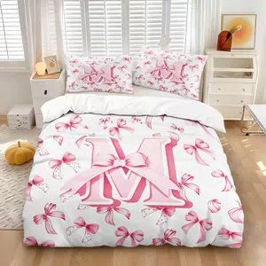 Elegant Coquette Letter M Monogram Bedding Set, 1 Duvet Cover + 2 Pillowcases, White Base Pink Bow Printed Duvet Cover Set. Luxury Soft & Comfortable Microfiber Bed Linens, Stylish Dorm & Apartment Decor, Great Gift Option