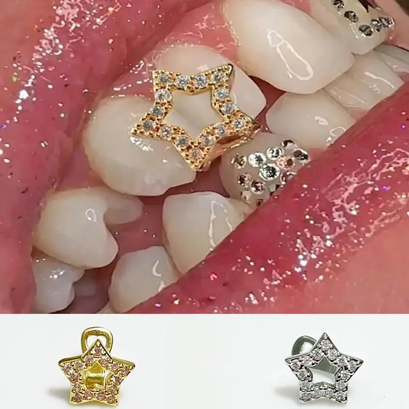 1Pcs 2Pcs 5Pcs New Zircon Hollowed-Out Five-Pointed Star Hip-Hop Braces, Gold-Plated Trendy Accessory False Braces