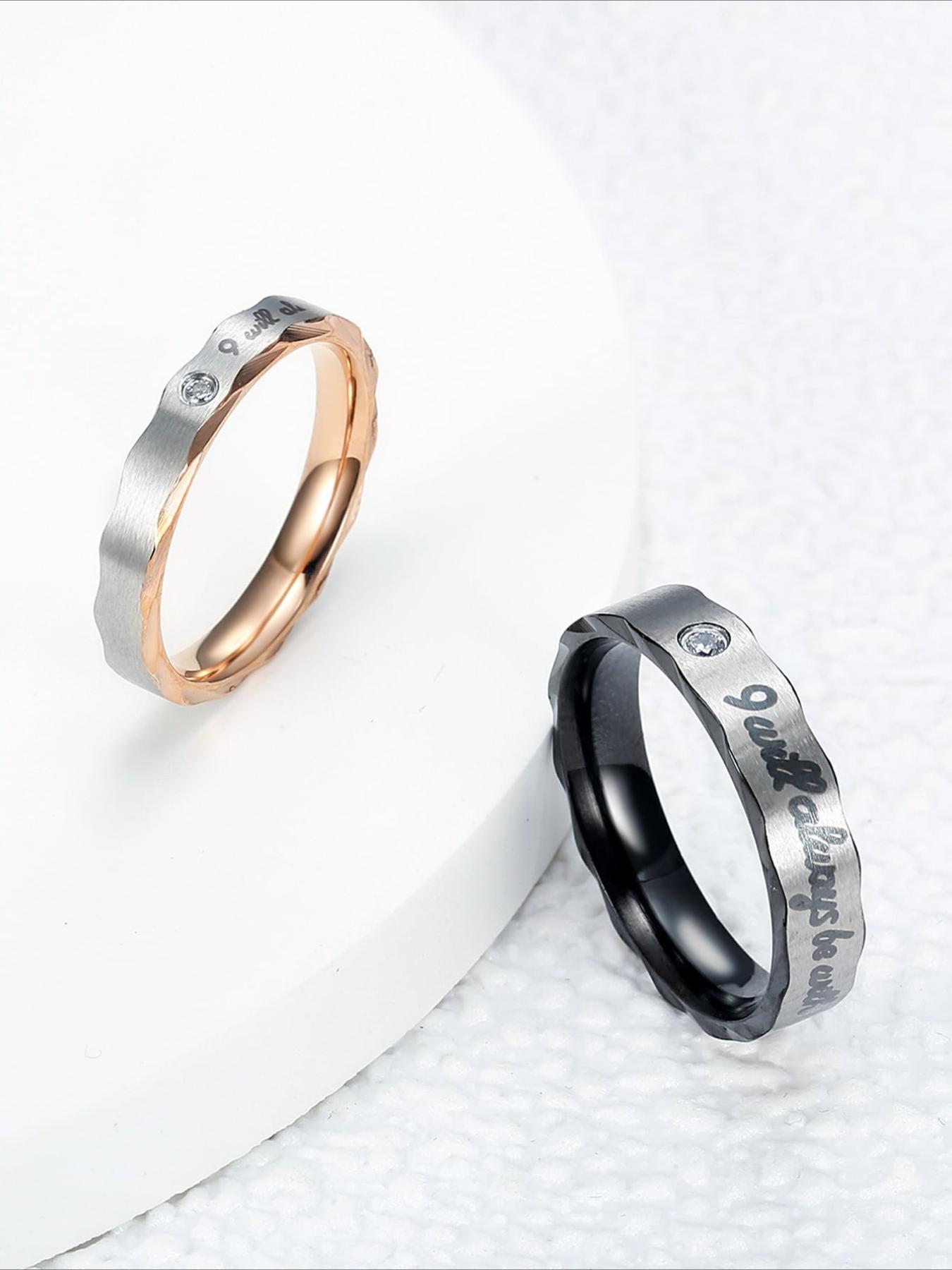 Light Luxury Romantic Engraved Zircon-Set Couple's Bands in Stainless Steel, Durable and Wear-Resistant, Zircon Accents with Romantic Engravings, A Romantic Keepsake for Couples