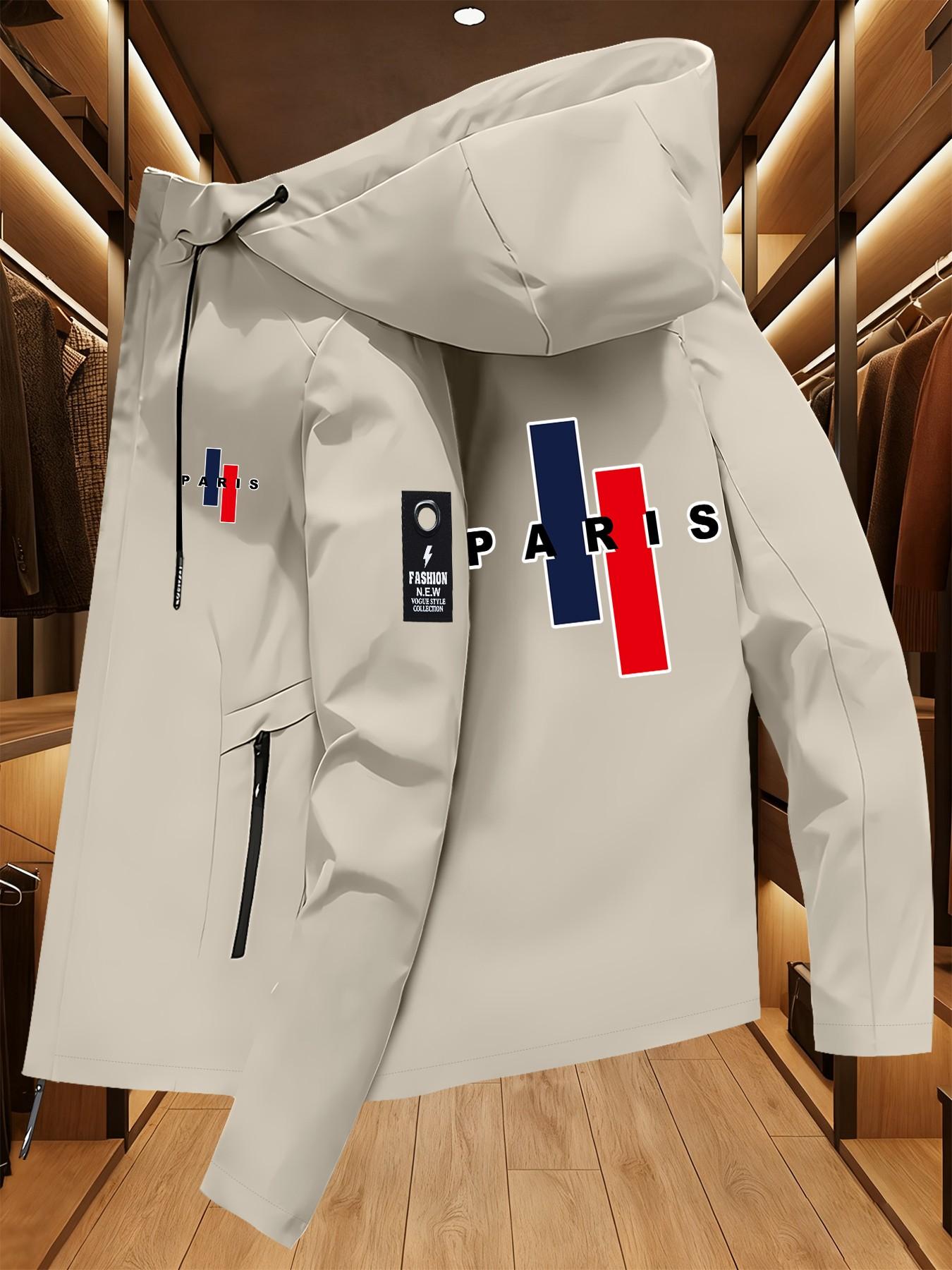 Paris Letter Print Jacket, French Flag Color Hooded Windbreaker, Casual Long Sleeve Loose-Fit Top, Geometric Pattern, All Seasons