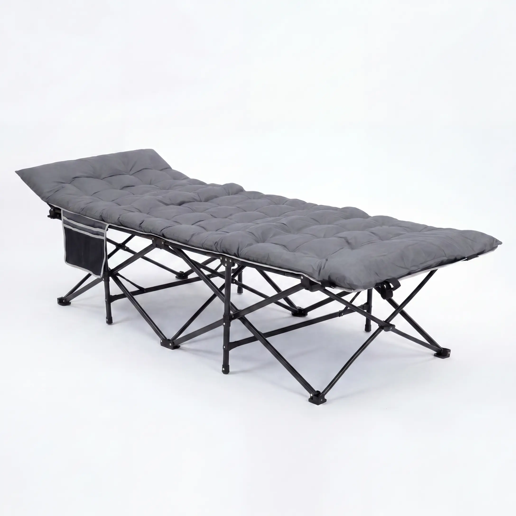 Portable Folding Camping Cot for Adults Heavy Duty 600lb Capacity Padded Sleeping Bed with Side Pocket for Outdoor Travel Guest Use Gray