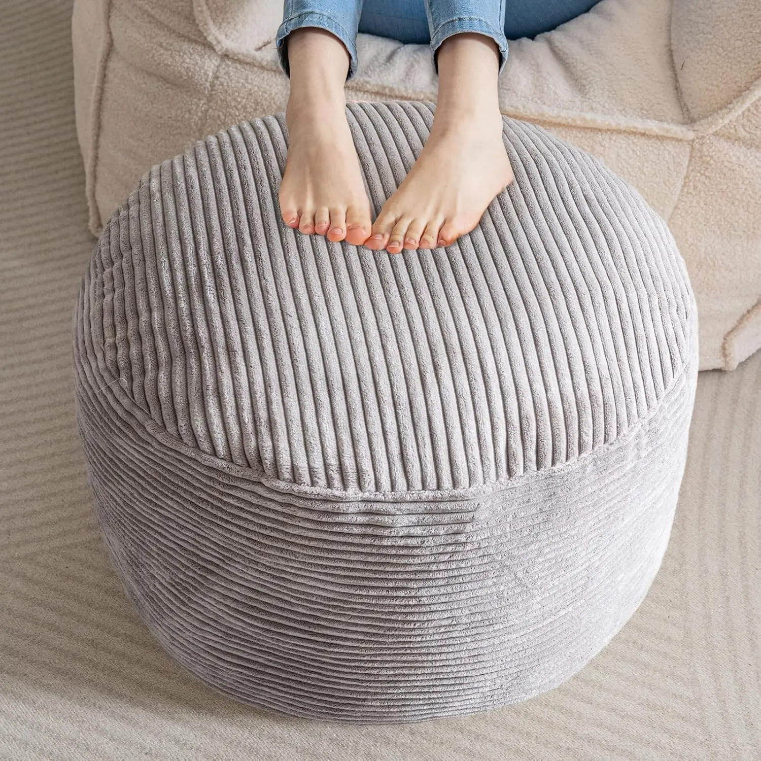 Round Stuffed Pouf Ottoman, Corduroy Poufs with Foam Chunk Filling, Furry and Fluffy Pouf Foot Stool Storage Ottoman, 20 X 15 Floor Poufs Foot Rest for Living Room, Grey
