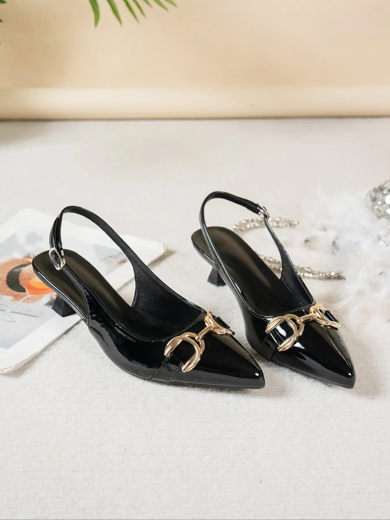 Women Pointed Toe Slingback Heels, Low Heel Sandals, Metal Buckle Decor Low Kitten Heel Pumps, Elegant Dress Shoes for Party Wedding Daily Office
