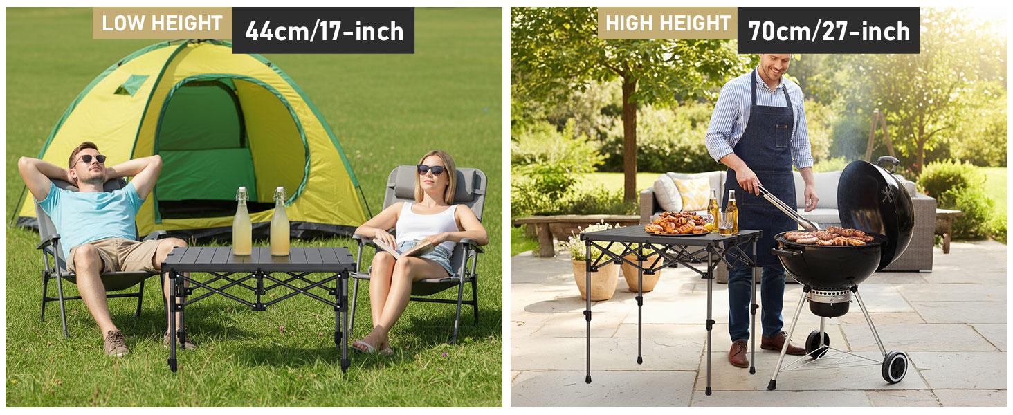 Anbte Camping Table Foldable, 2 Height Max 27.5" Aluminum Roll up Camping Table with Carry Bag & Heat-Resistant Tabletop, Lightweight, for Indoor Outdoor RV BBQ Picnic Patio Beach, 26" x 23", Black
