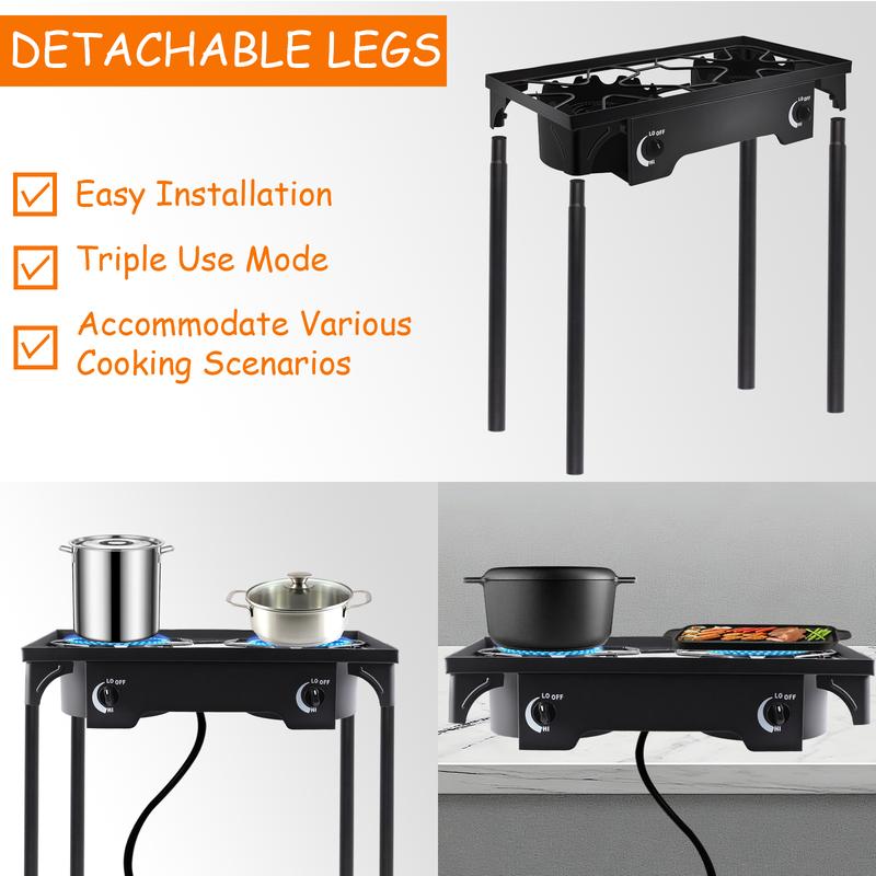 2 Burner Propane Gas Stove for Outdoor Cooking, 150,000 BTU Camping Cooker with Removable Legs, Temperature Control Knobs for Backyard Cooking, BBQ, Baking and Frying