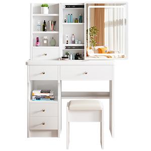Makeup Vanity with Mirror and Lights, Vanity Desk Set with 3 Color Lighting Modes, 5 Drawers, Stool & Open Shelves, White