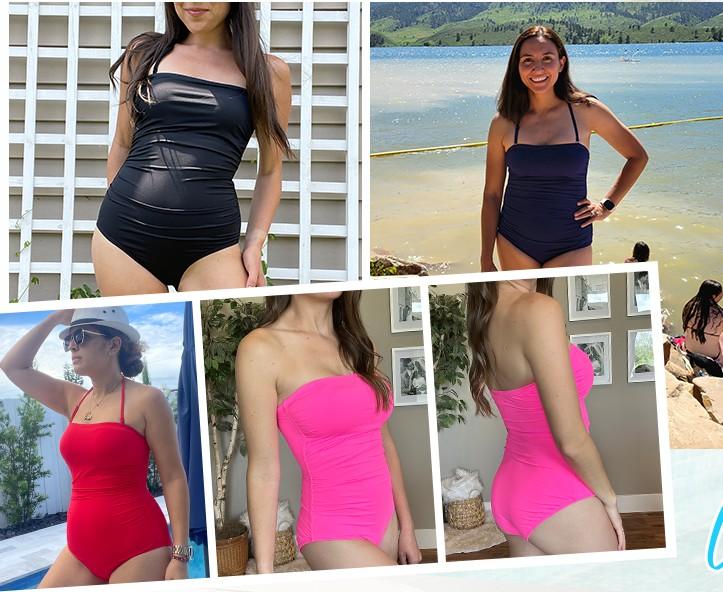 Holipick Women Elegant Tummy Control One Piece Swimsuits Strapless Bandeau Full Coverage Bathing Suits Slimming Halter Swimwear Swimming Clothing