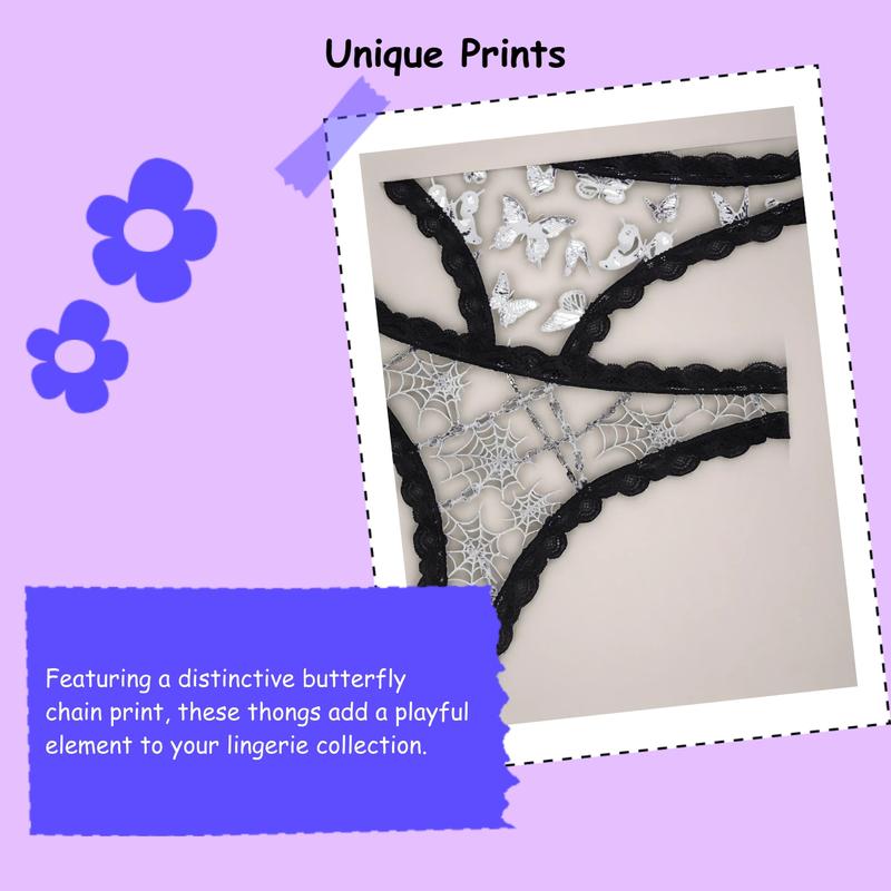 3-Pack Sexy Lace Trim Low Waist Thongs, Unique Butterfly Chain Print for Halloween, Comfortable Fitted Women's Underwear, Trim Lace Panty