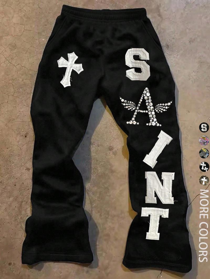 Unisex Street Style Saint Print Camo Pants, Fitted Long Trousers for All Seasons, Casual Daily Wear, Y2K Fashion, Men's Gift
