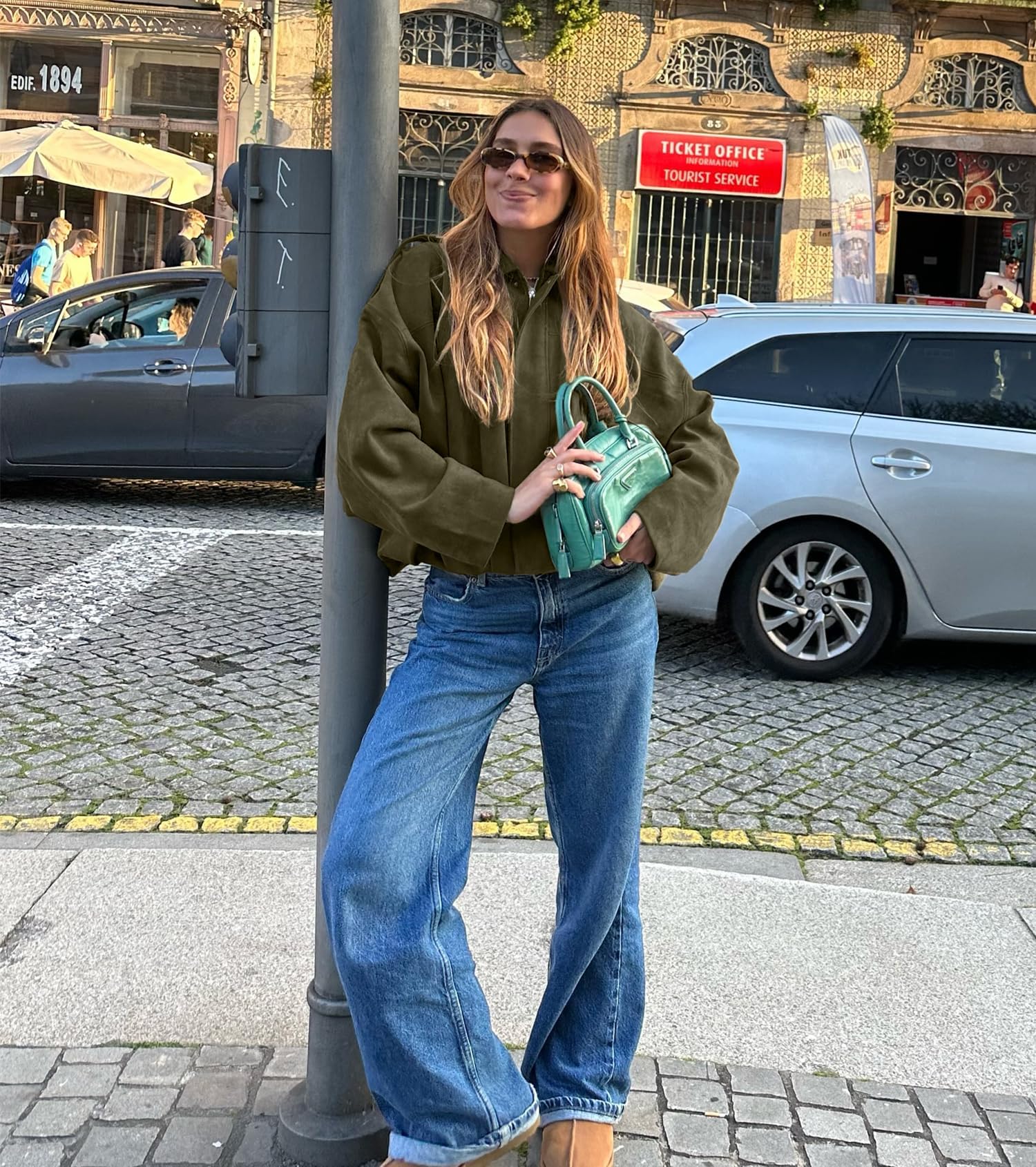 Buenoble Women's Faux Suede Bomber Jackets Cropped Fall Winter Lapel Motorcycle Coats Streetwear Outerwear with Pockets Tops Womenswear Basic Brown Casual Long Sleeve