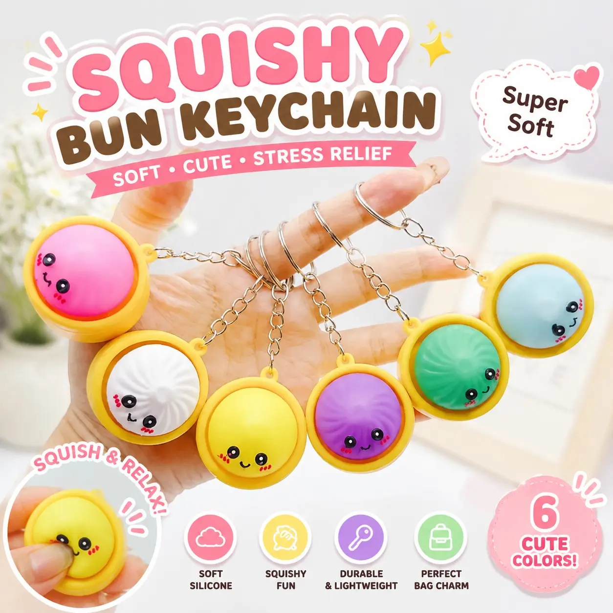 Gift for Her/Him Keyrings Pack, Shiny Dumpling Keychain Charm, Dumpling Fidget Keychain, Colorful Silicone Stress Relief Toy for Classroom Prizes Goodie Bag Stuffers, Bun Dumpling with Steamer Keyrings Ornaments Bag Charms Pendants for Parties and Gifts