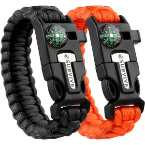 Paracord Bracelet, Pack of 2, Emergency Hiking Survival Kit Fire Starter Compass Whistle, 3 Wrist Sizes: Small Medium Large, 8.5-10 ft Continuous Strand Flint Steel Scraper 5 in 1