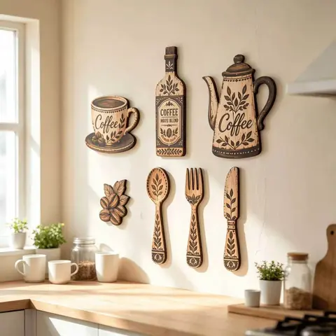 7 Pieces Coffee-Themed Wooden Kitchen Wall Decor, Vintage Country Style Wall Hangings Featuring Coffee Cups, Coffee Pots, Coffee Beans, Suitable for Kitchens and Cafés, Decorative Wall Art, Decoration Items