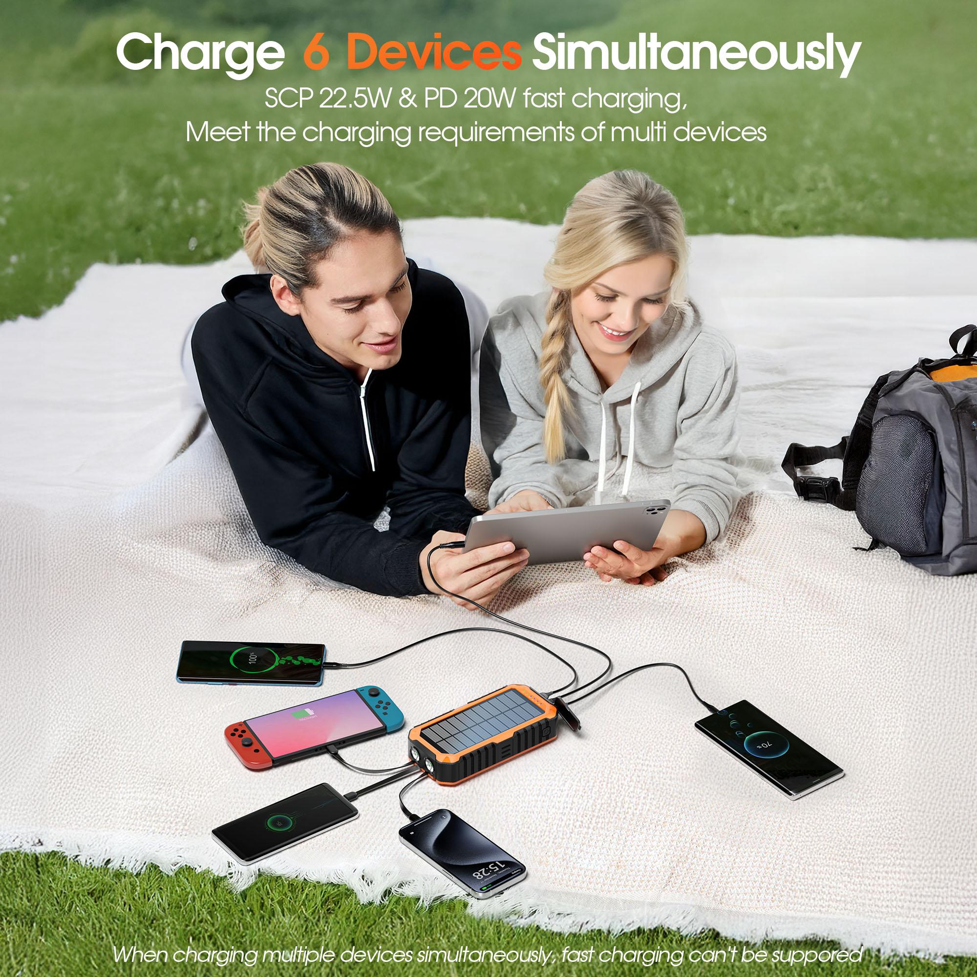 Diamuar Solar Charger Power Bank 40000mAh Built in 4 Cables and Hand Crank, Portable Charger 22.5W Fast Charger 6 Outputs & 4 Inputs External Battery Pack with Bright Flashlight and Compass