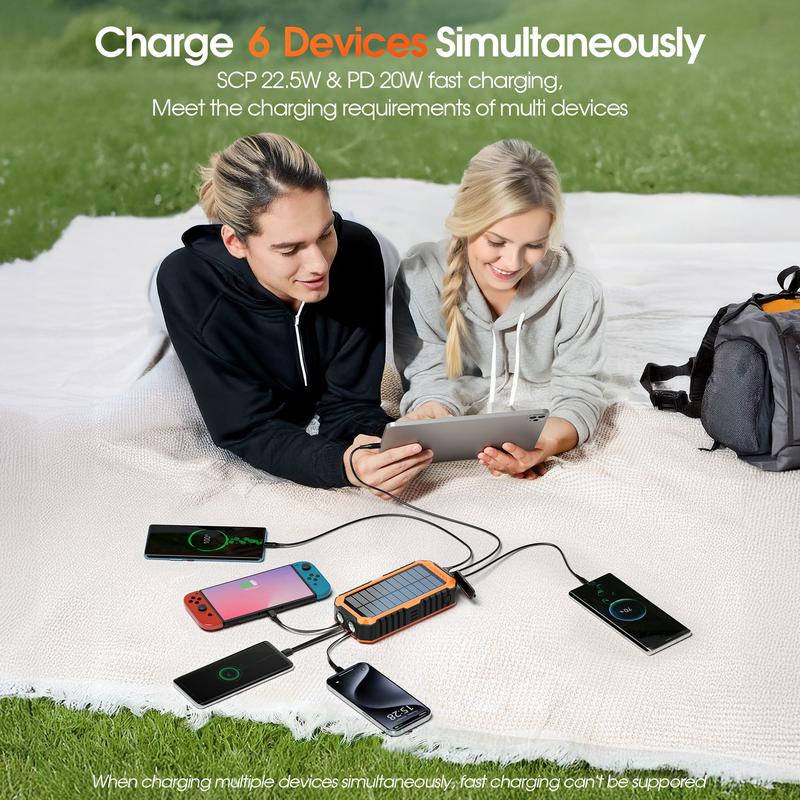 Diamuar Solar Charger Power Bank 40000mAh Built in 4 Cables and Hand Crank, Portable Charger 22.5W Fast Charger 6 Outputs & 4 Inputs External Battery Pack with Bright Flashlight and Compass