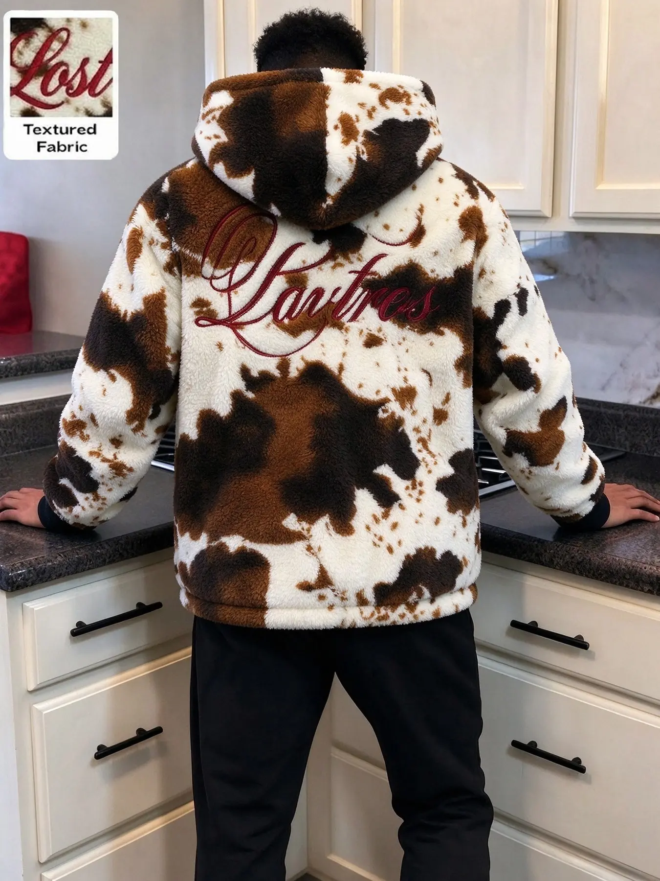 Men's Patterned Hooded Casual Fleece Jacket, Bravery Embroidery, Patchwork Stitching, Warm and Unique Style, Winter Wear