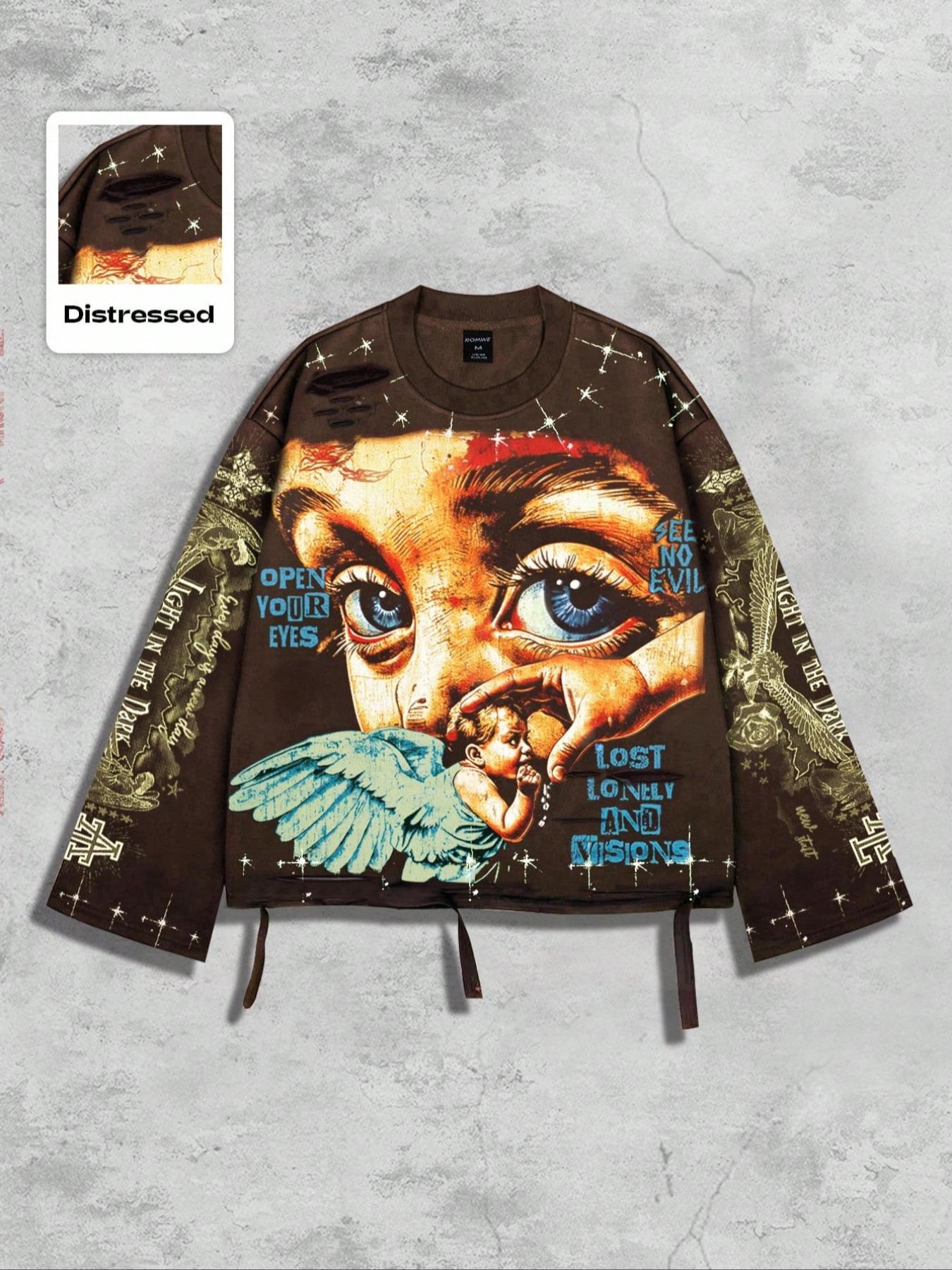 Men's Vintage Street Style Saint Print Long Sleeve Round Neck T-Shirt, Loose-Fitting Short Fit, Fall 2000s Fashion