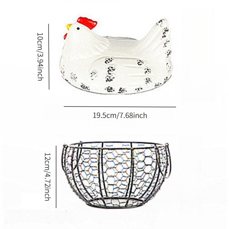 Farmhouse Style Ceramic Chicken Egg Basket with Metal Wire and Lid, Decorative Multi-Functional Kitchen Storage Box for Eggs Fruits Vegetables