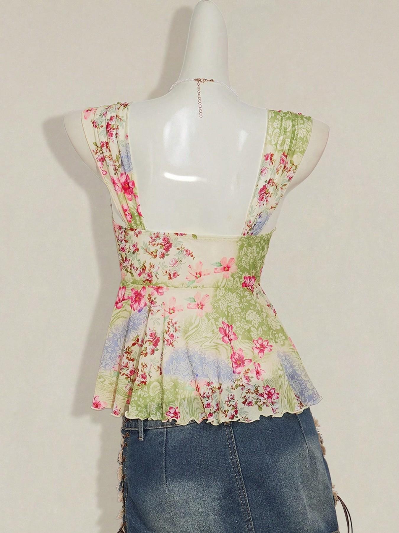 Summer Beach Vacation Floral Mesh Halter Top, Cute Asymmetrical Hem Sleeveless Women's Transparent Shirt, Small Fresh Style