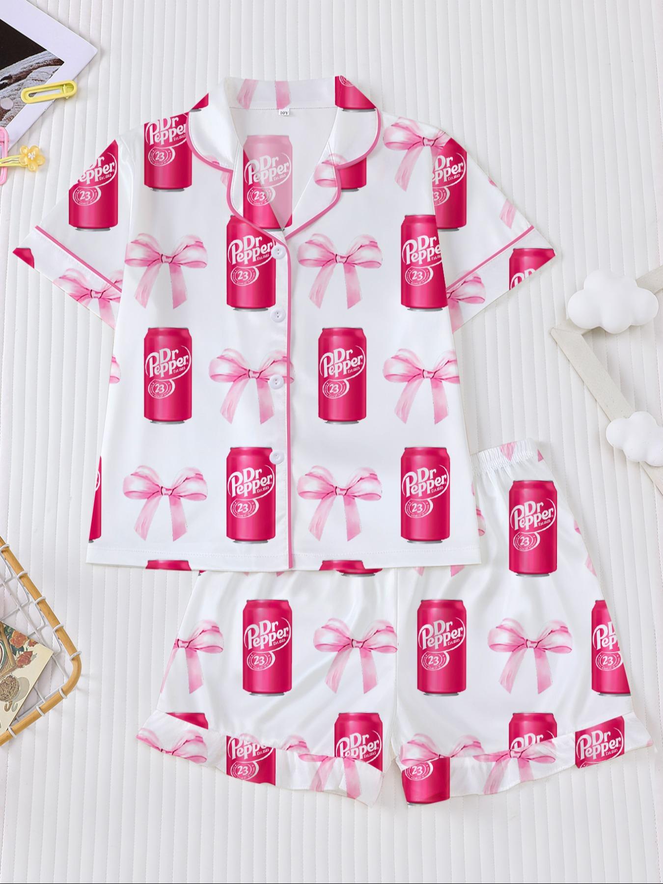 Dr Pepper Soda Can Bow Print Short Sleeve Shirt Pajama Set, Cartoon Sleepwear Two-Piece Suit, Casual Loose Fit Home Wear