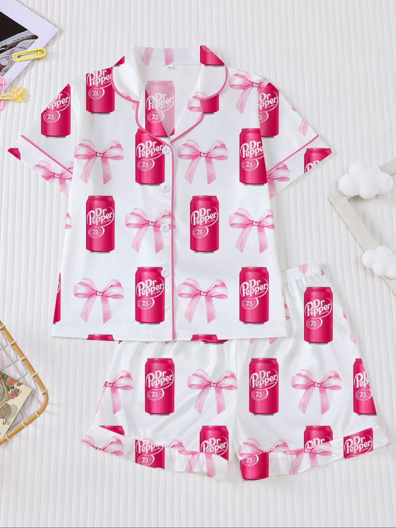 Dr Pepper Soda Can Bow Print Short Sleeve Pajama Set, Cartoon Sleepwear Two-Piece Suit, Casual Loose Fit Home Wear