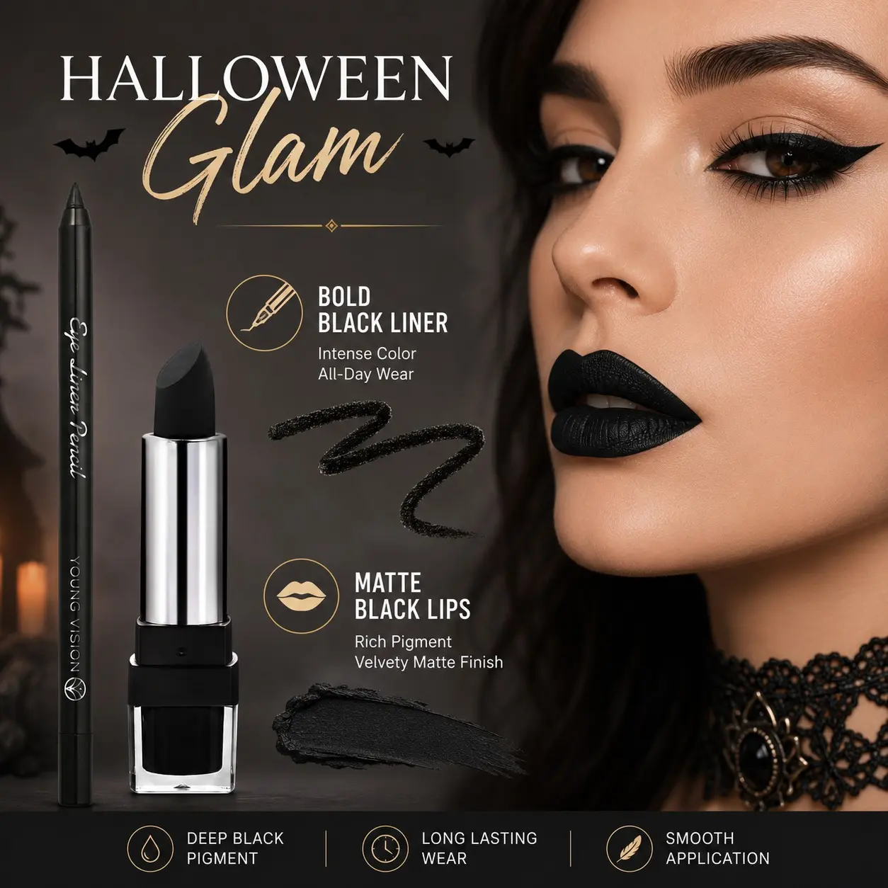 YOUNG VISION Halloween Gothic Makeup Set, Smooth Eyeliner Pen + High Pigment Matte Lipstick, Create Smoky Eye Look, Cool Halloween Makeup