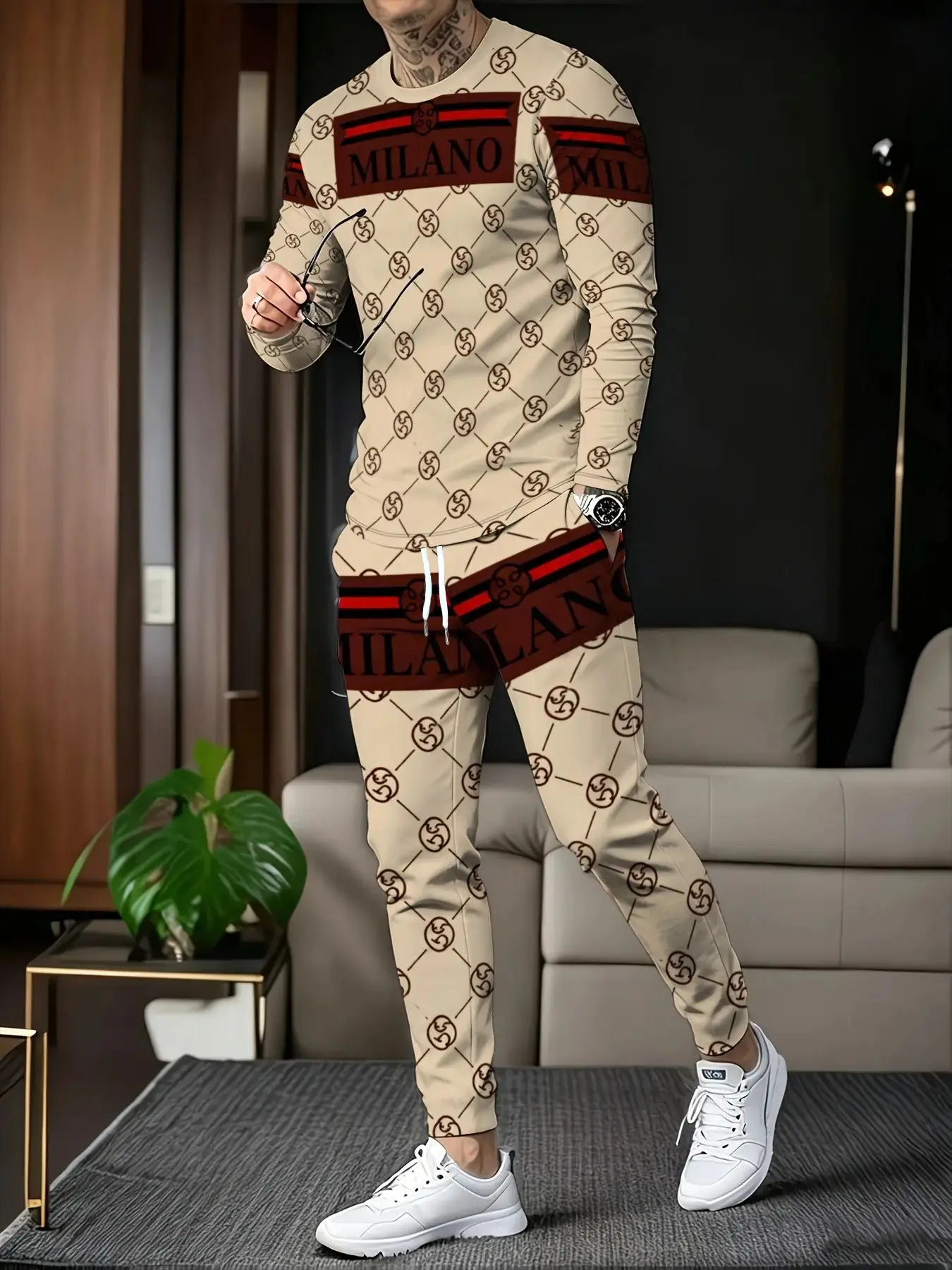 Men's 2-Piece Set, Luxury Print Long Sleeve, Milano Letter Trendy Round Neck Top, Straight Leg Pants, Fall Fashion Casual Sportswear, Sportswear Outfit