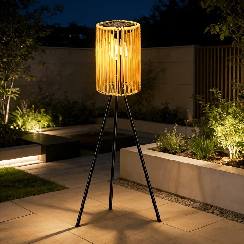 Solar-Powered Outdoor Floor Lamp Handcrafted Wicker Lantern Wrought Iron Tripod Lantern Housewarming Gift Rustic Indoor/Outdoor Decorative Lamp, These Woven Lamps Provide Decorative Lighting for Gardens, Yards, Patios, And Pathways.