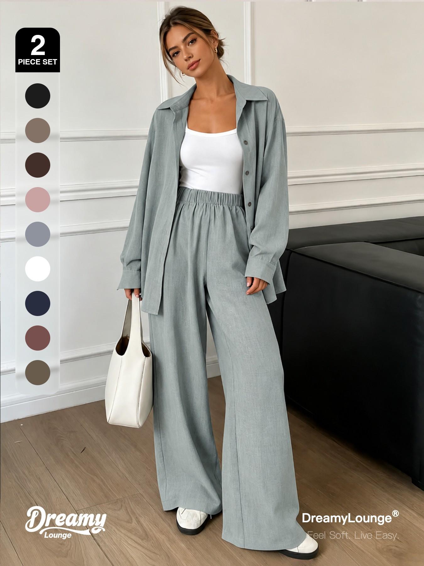 2-Piece Set DreamyLounge Women's Textured Linen-Look Loungewear Set, Oversized Button Down Shirt and Wide Leg Pants Matching Set for Travel, Coffee Run and Everyday Wear