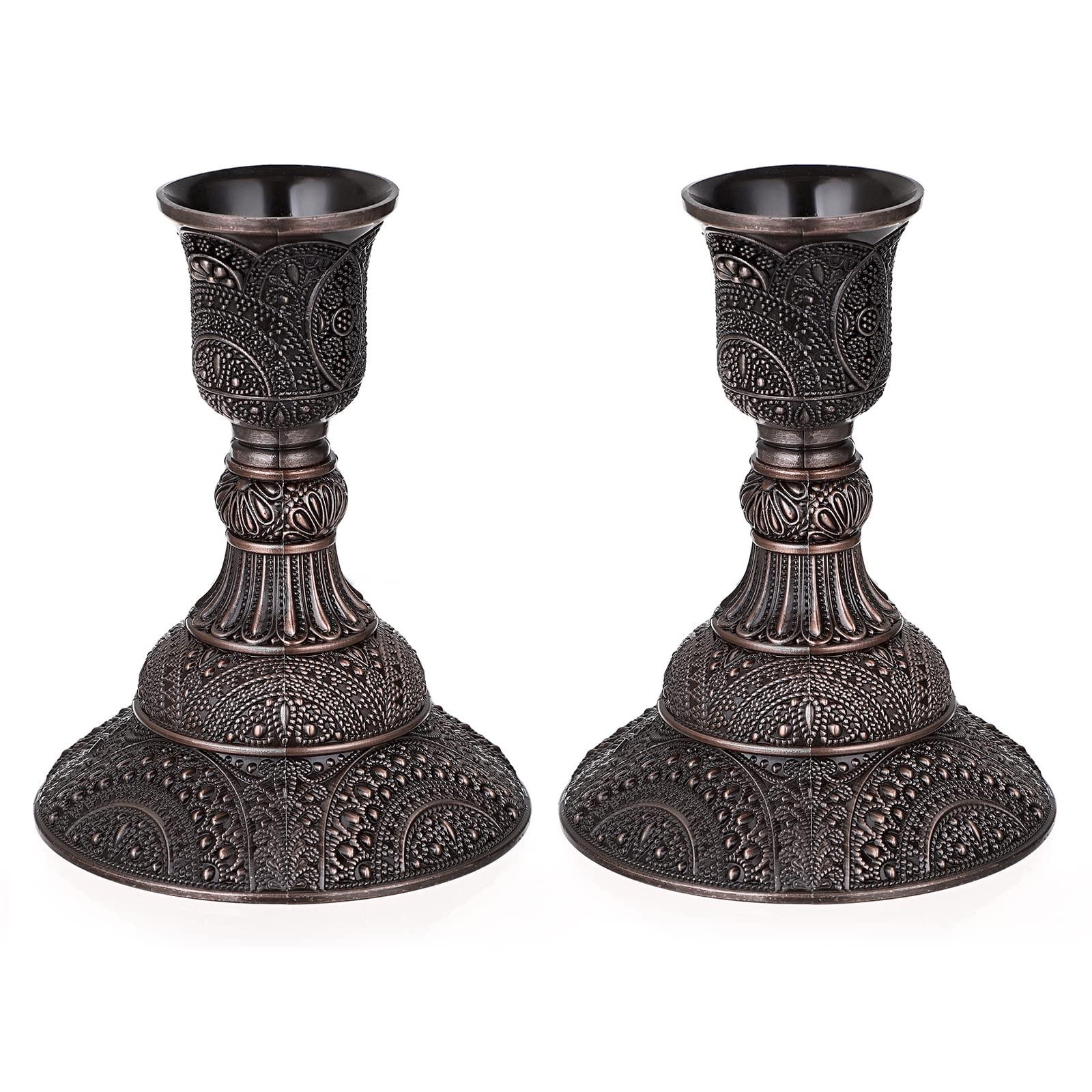 Set of 2 Vintage European Candle Holders - 3.9" Tall Metal Candlesticks with Exquisite Relief Patterns, Red/ Green Bronze/ Gold/ Silver/ Rose Gold Candelabra Table Centerpieces for Wedding Dining Home Decor