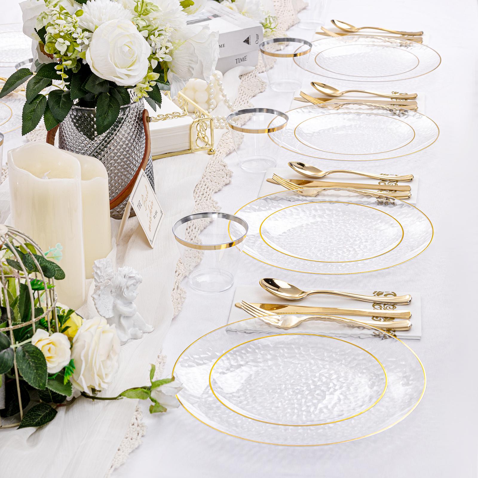 Gold/Blue/Pink/Yellow/Green Disposable Plates and Silverware Set: Dinner Plates,Dessert Plates, Cups,Napkins,Knife, forks, spoons 25 for each kind-Perfect for Party