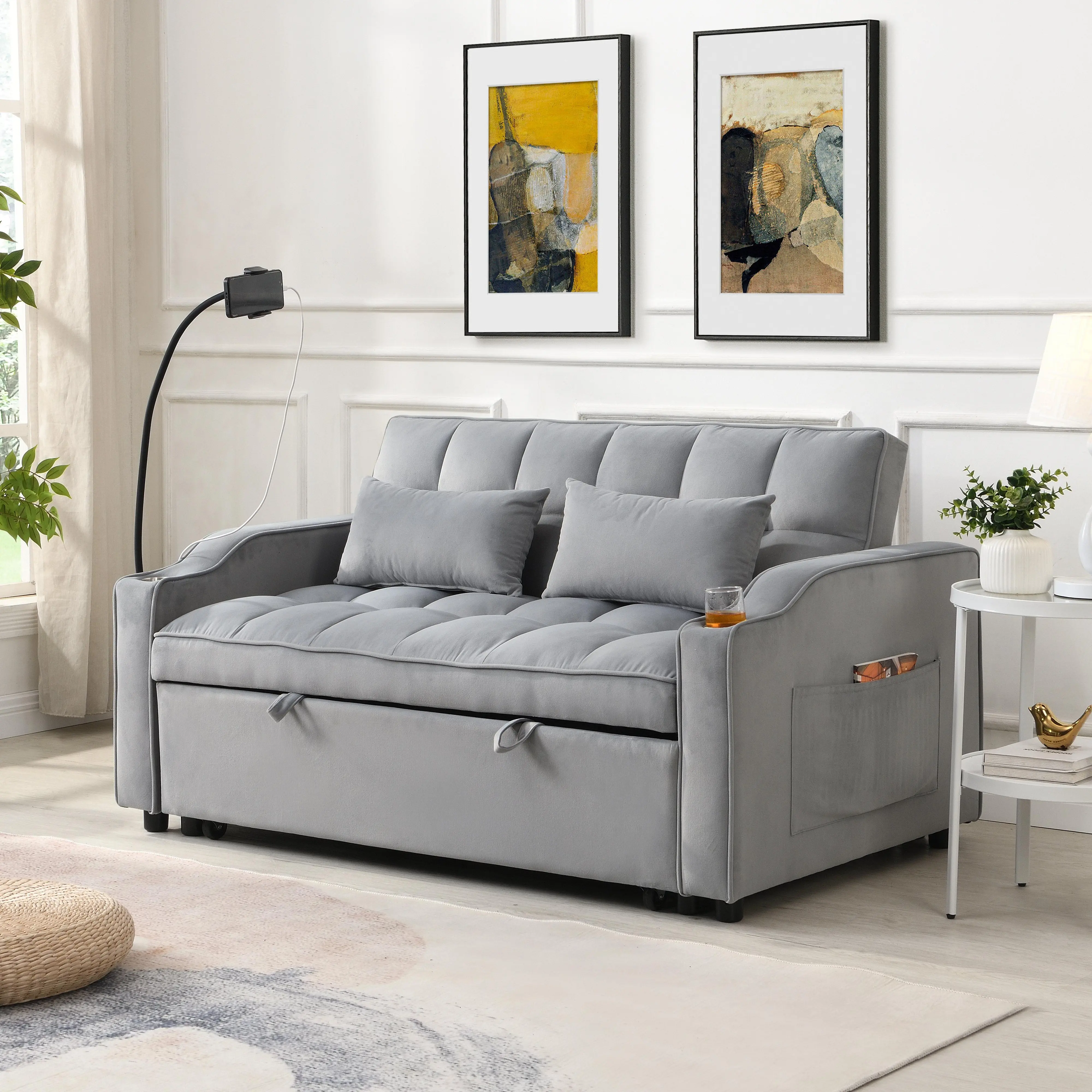 Modern Velvet Loveseat Futon Sofa with Pullout Bed, 2-Seat Convertible Sleeper with Adjustable Reclining Backrest, Toss Pillows, Light Gray