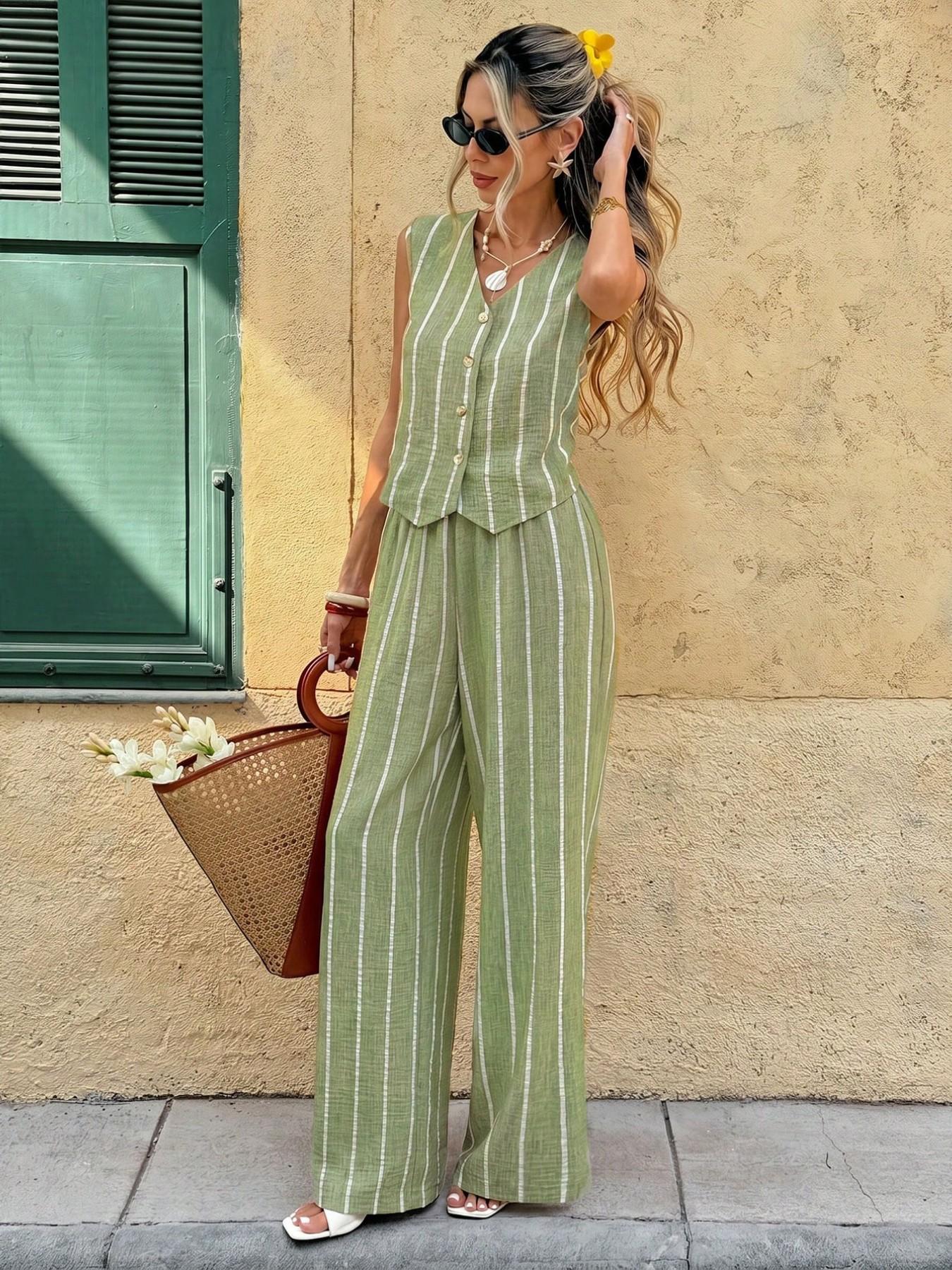 Two-Piece Set | Striped Vest and Wide-Leg Pants | Vintage Casual Chic Vibe | Wrinkle-Resistant No Iron | Comfortable and Stylish Outfit